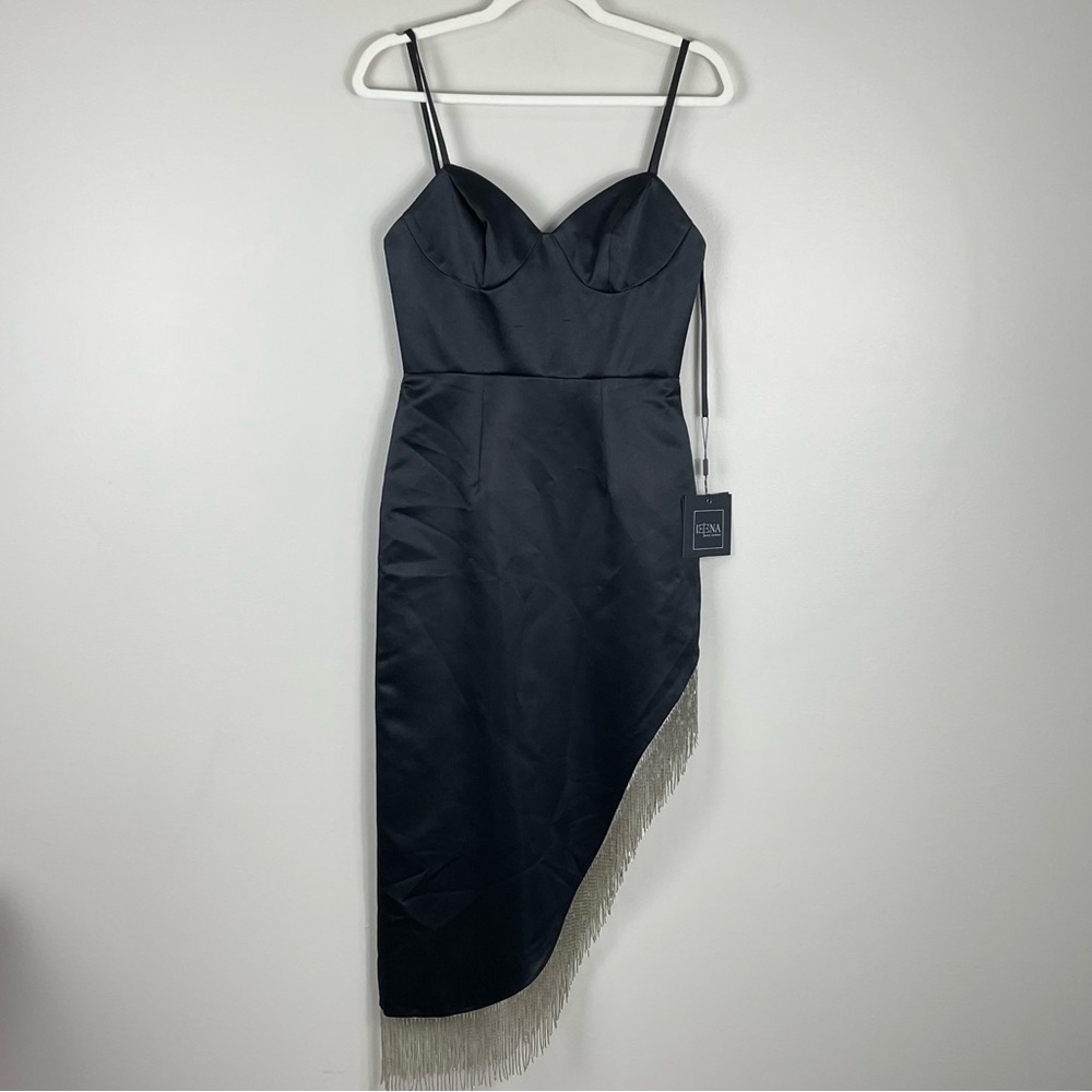 Mac Duggal 11650 Womens 2 Midi Dress Sequin Fringe Spaghetti Strap Black Silver